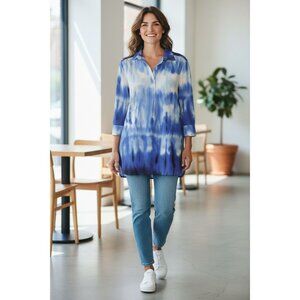 Natori Blue Tie-Dye S Tunic Shirt Dress Collar Buttoned Cuffs Boho